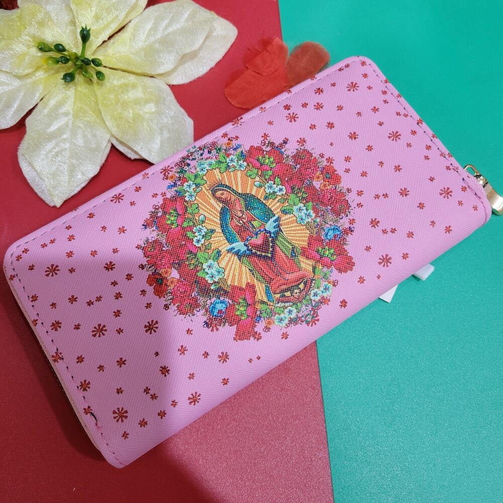 Virgen de Guadalupe Wallet Womens Bifold Zip around Purse Printed